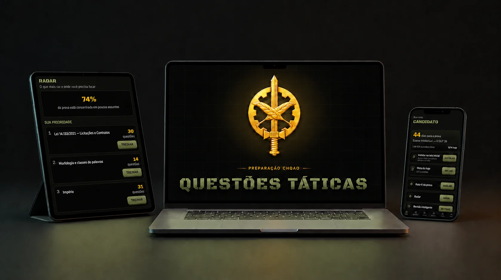 Questões Táticas aberto em um tablet, um notebook e um celular